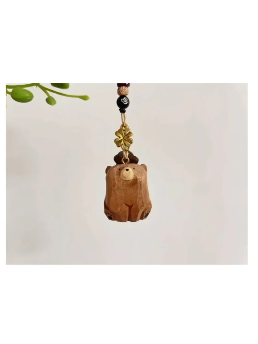 Handmade Wooden Bear Keychain with Four-Leaf Clover Charm, Lucky Keyring Gift